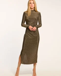 Sale Ramy Brook Amarilys Mock Neck Midi Dress Goldknit