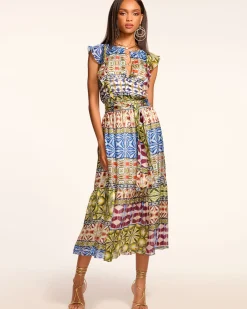 Clearance Ramy Brook Angelika Silk Flutter Sleeve Midi Dress Bluemulti