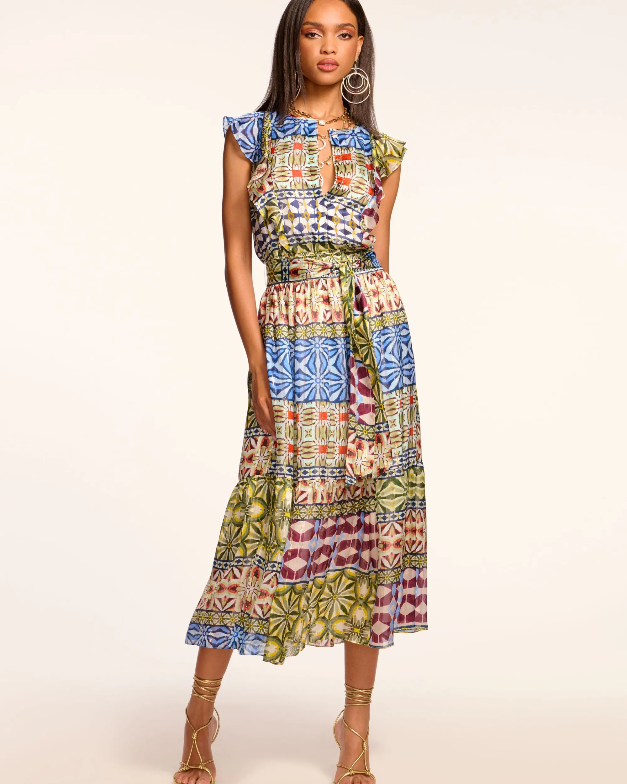 Clearance Ramy Brook Angelika Silk Flutter Sleeve Midi Dress Bluemulti