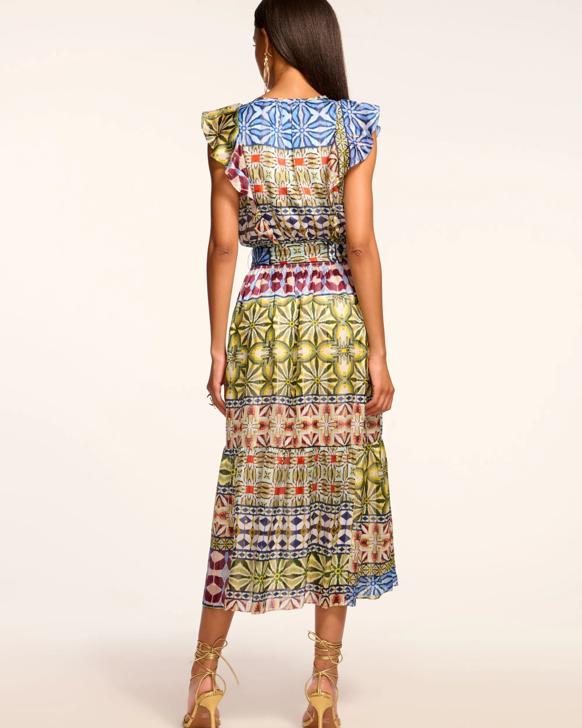 Clearance Ramy Brook Angelika Silk Flutter Sleeve Midi Dress Bluemulti