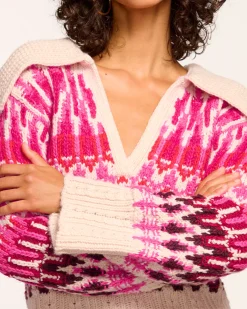 New Ramy Brook Augustus V-Neck Sweater Magentafairisle
