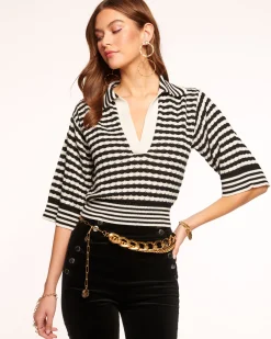 Clearance Ramy Brook Azaria V-Neck Sweater Blackstripe