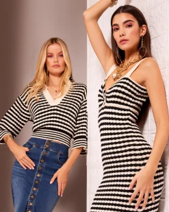 Clearance Ramy Brook Azaria V-Neck Sweater Blackstripe