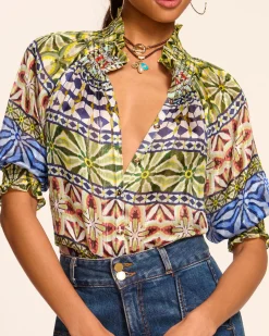 Online Ramy Brook Chela Silk V-Neck Puff Sleeve Blouse Bluemulti