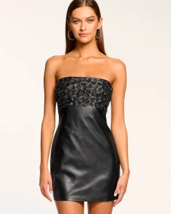 Outlet Ramy Brook Clementine Embellished Faux Leather Mini Dress Blackfloret