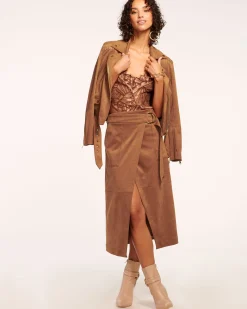 Outlet Ramy Brook Delphia Faux Suede Midi Skirt Saddle