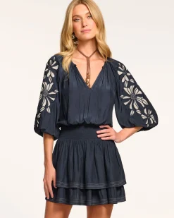 Discount Ramy Brook Devorah Smocked Embellished Mini Dress Navy