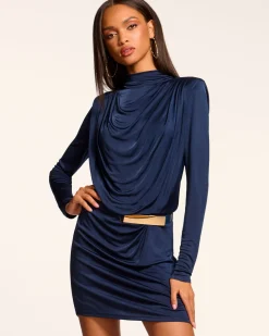 Outlet Ramy Brook Dorina Draped Jersey Belted Dress Navy