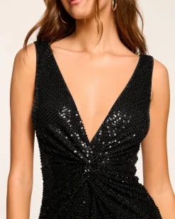 Best Ramy Brook Eli Beaded V-Neck Midi Dress Blackmesh