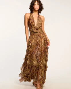 Hot Ramy Brook Emerance Plunging Halter Gown Goldanimal