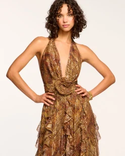 Hot Ramy Brook Emerance Plunging Halter Gown Goldanimal