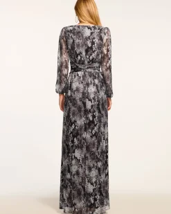 New Ramy Brook Estelle Long Sleeve V-Neck Dress Greyfloral