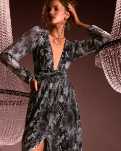 New Ramy Brook Estelle Long Sleeve V-Neck Dress Greyfloral