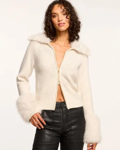 Sale Ramy Brook Felix Faux Fur Cardigan Sweater Ivory