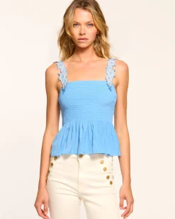 Best Ramy Brook Giulia Smocked Embellished Tank Top Ribbonblue