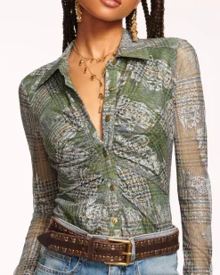 Sale Ramy Brook Hamilton Mesh Long Sleeve Top Sagetartan