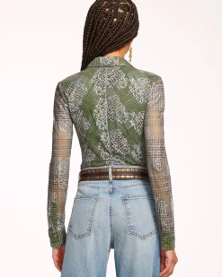 Sale Ramy Brook Hamilton Mesh Long Sleeve Top Sagetartan