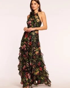 Outlet Ramy Brook Idella Ruffle Halter Gown Midnightfloral