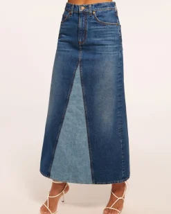 New Ramy Brook Jannie Two-Tone Denim Maxi Skirt Tonalwash