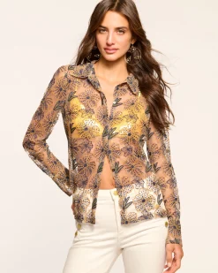 Outlet Ramy Brook Leda Sheer Embellished Long Sleeve Top Floralsequin