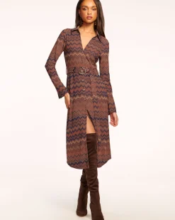 Online Ramy Brook Lydia Long Sleeve Belted Midi Dress Saddlechevron