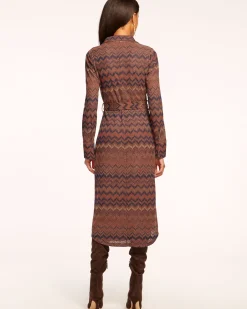 Online Ramy Brook Lydia Long Sleeve Belted Midi Dress Saddlechevron