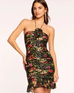 Clearance Ramy Brook Margret Ruched Ruffle Mini Dress Midnightfloral