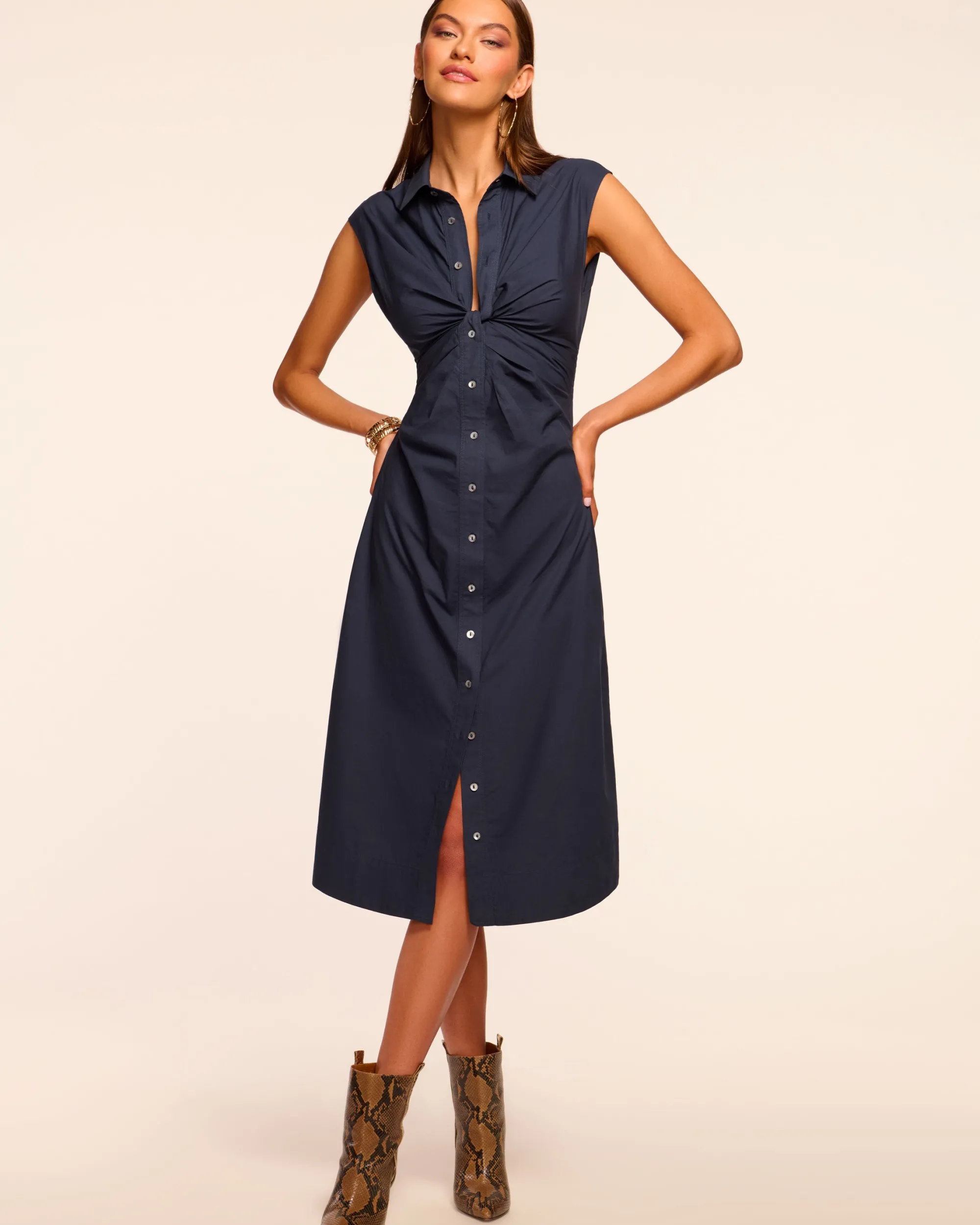 New Ramy Brook Mihal Cotton Poplin Midi Dress Navy