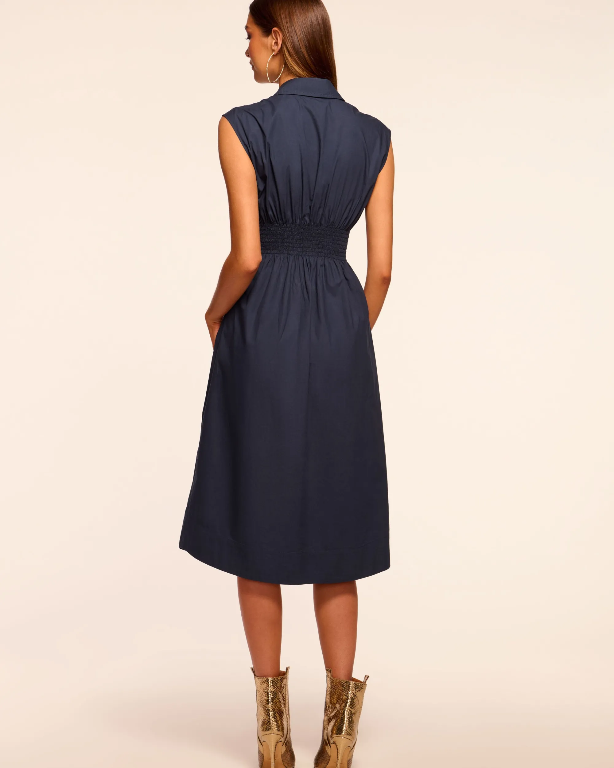 New Ramy Brook Mihal Cotton Poplin Midi Dress Navy