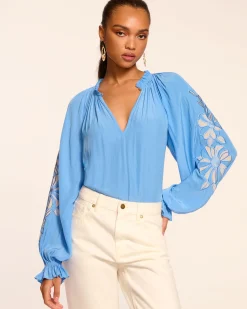 Fashion Ramy Brook Nelida Embellished Long Sleeve Blouse Ribbonblue