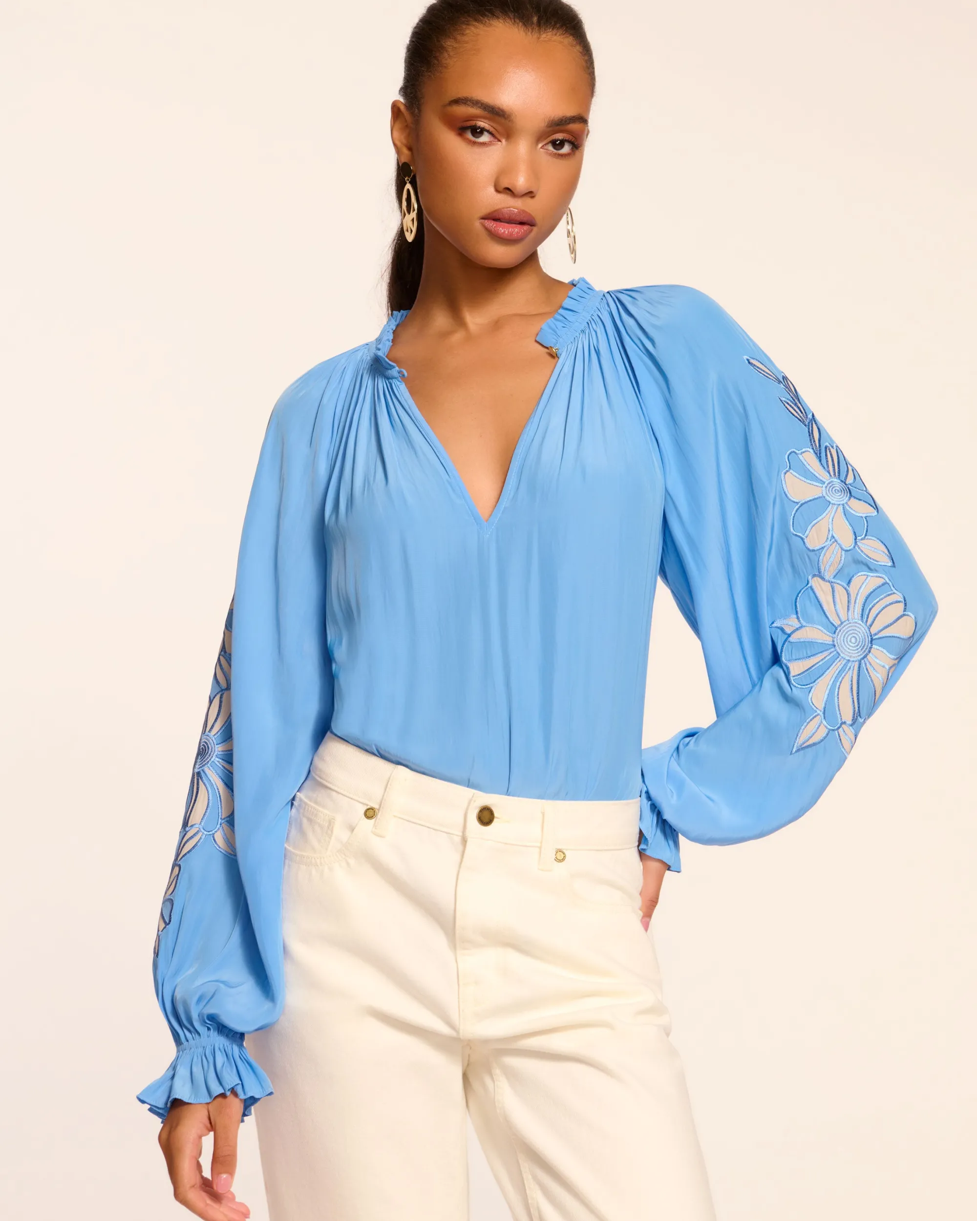 Fashion Ramy Brook Nelida Embellished Long Sleeve Blouse Ribbonblue