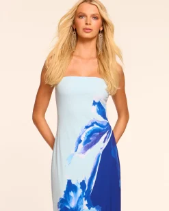 New Ramy Brook Nora Strapless Jersey Maxi Dress Bluefloral