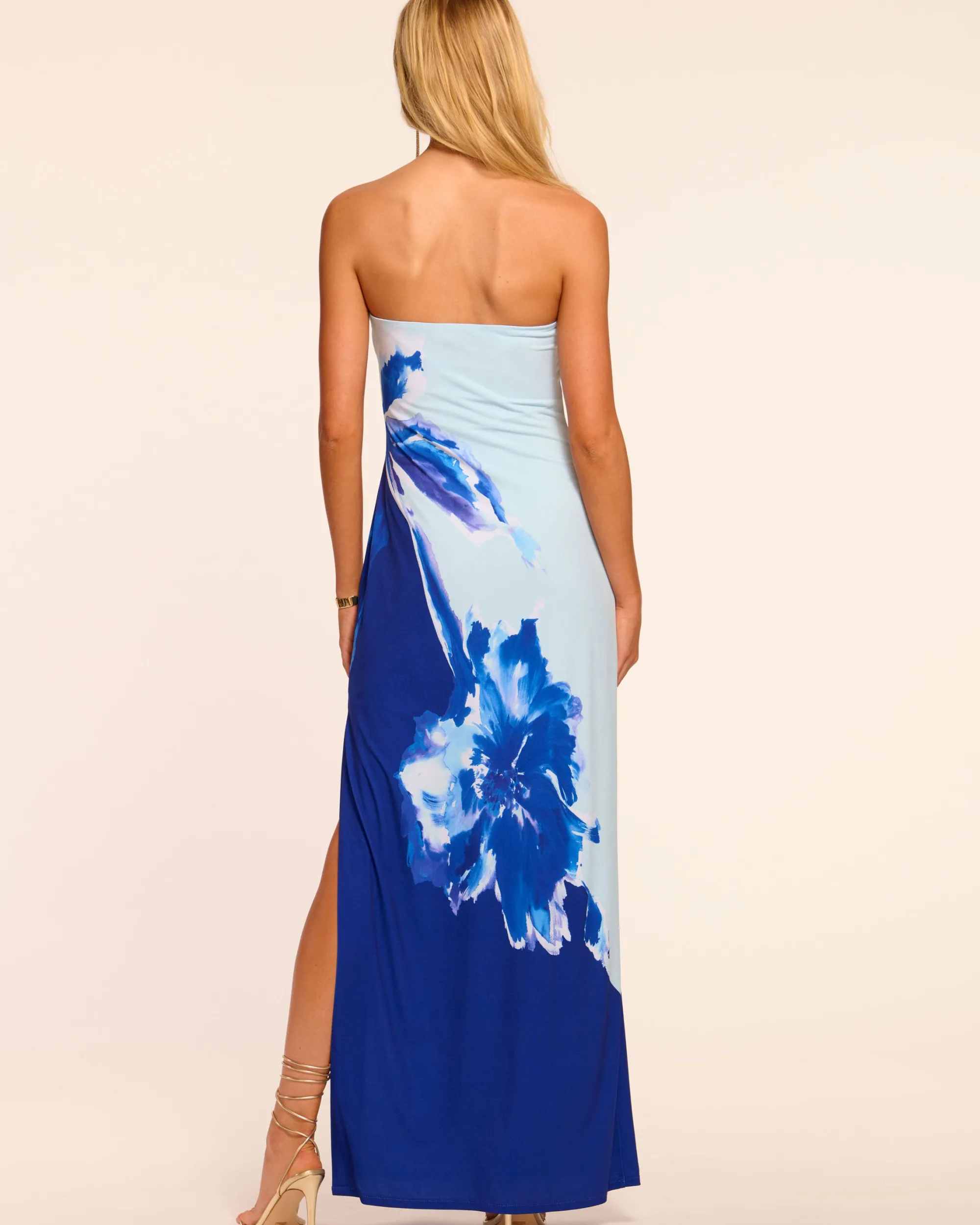 New Ramy Brook Nora Strapless Jersey Maxi Dress Bluefloral