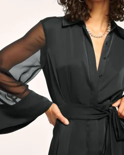 Discount Ramy Brook Phoebe Sheer Long Sleeve Shirt Dress Black