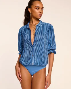 Discount Ramy Brook Pleated Dina Short Sleeve Bodysuit Bluepleats