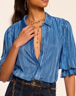 Discount Ramy Brook Pleated Dina Short Sleeve Bodysuit Bluepleats