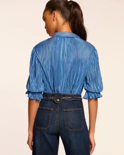 Discount Ramy Brook Pleated Dina Short Sleeve Bodysuit Bluepleats