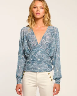 New Ramy Brook Randie Long Sleeve V-Neck Blouse Chambrayburnout