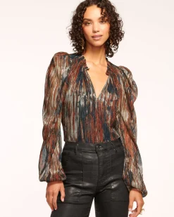 Best Ramy Brook Sukie V-Neck Puff Sleeve Blouse Saddleknit