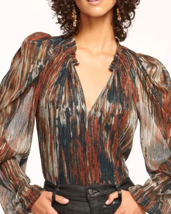 Best Ramy Brook Sukie V-Neck Puff Sleeve Blouse Saddleknit