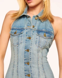 Sale Ramy Brook Susanna Denim Halter Mini Dress Lightwash