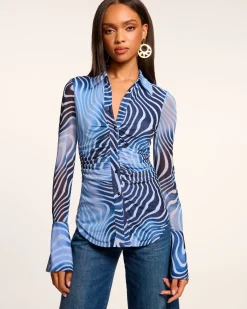 Best Ramy Brook Talisa Long Sleeve Button Down Mesh Top Navyswirl