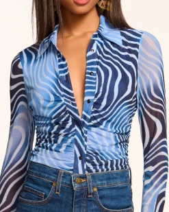 Best Ramy Brook Talisa Long Sleeve Button Down Mesh Top Navyswirl