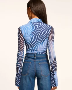 Best Ramy Brook Talisa Long Sleeve Button Down Mesh Top Navyswirl