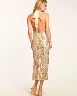 Outlet Ramy Brook Tereza Sequin Halter Midi Dress Goldswirl