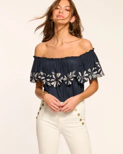Fashion Ramy Brook Terri Embellished Off-The-Shoulder Top Navy
