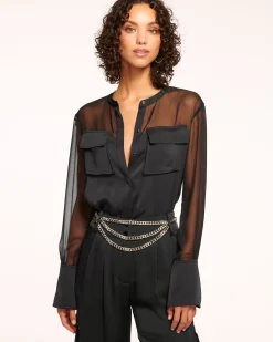 Fashion Ramy Brook Tiah Sheer Button Down Top Black