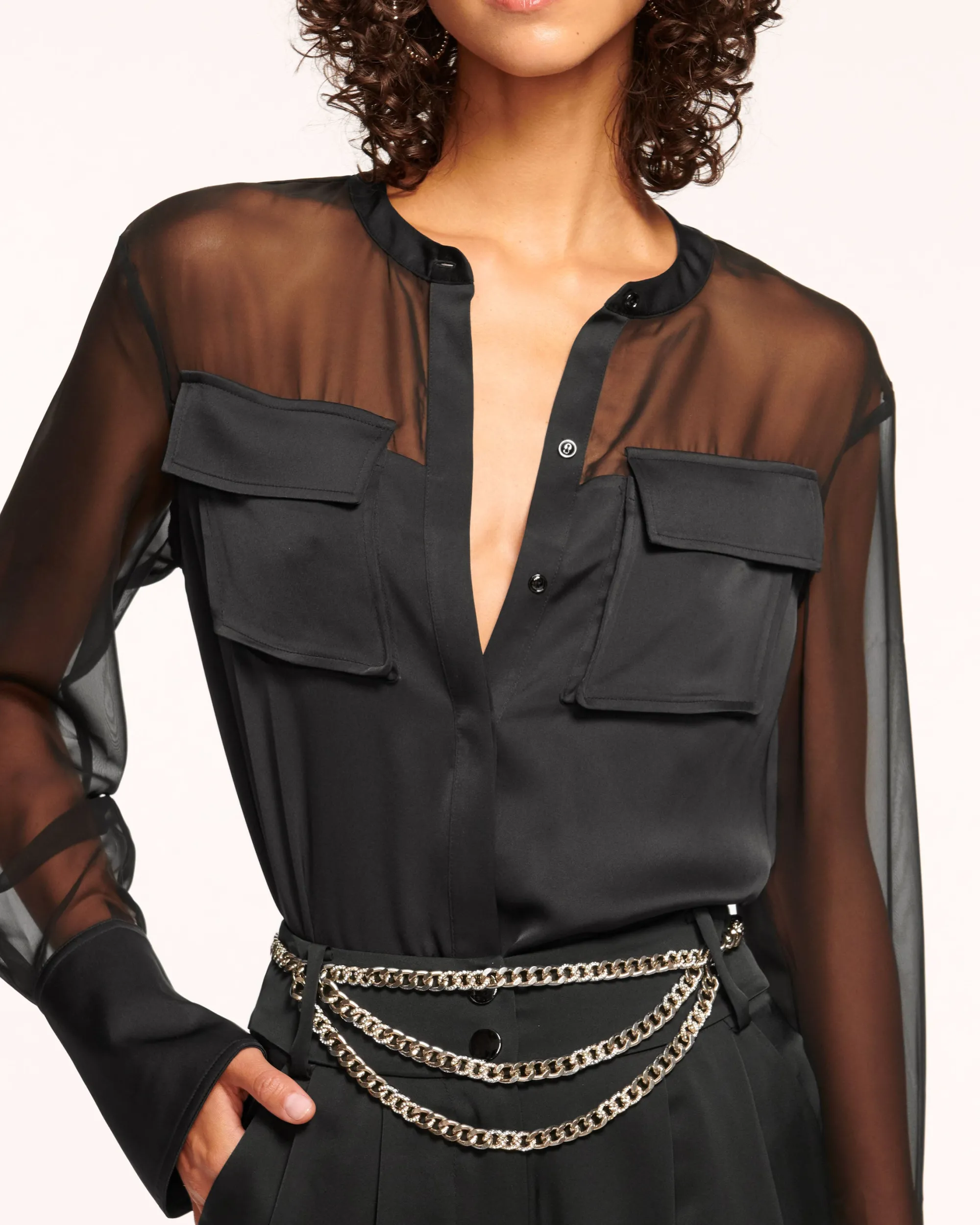 Fashion Ramy Brook Tiah Sheer Button Down Top Black