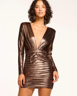 Hot Ramy Brook Willow Plunging Ruched Mini Dress Bronzelame