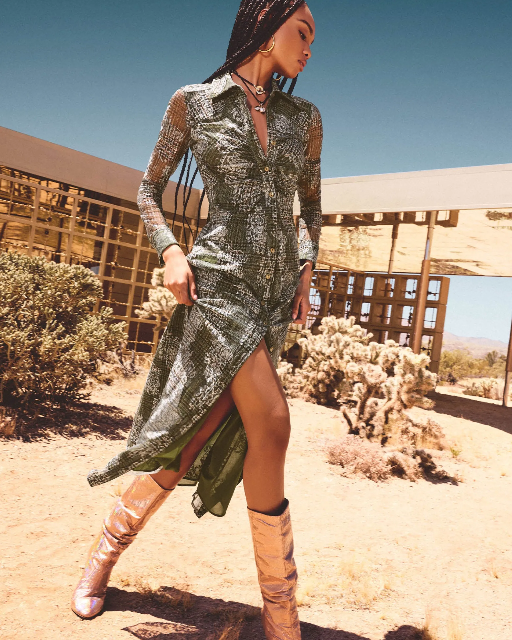 Online Ramy Brook Wyatt Button Down Mesh Maxi Dress Sagetartan